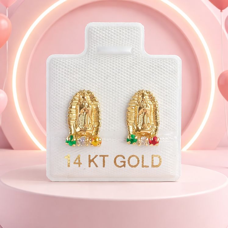 BROQUEL VIRGEN DE GPE CZ TRICOLOR, BROCHE BOLITA, ORO 14K