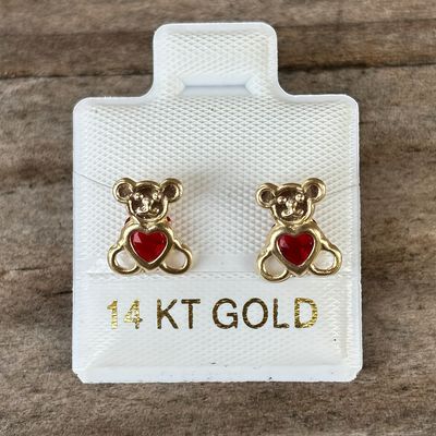 RED CZ HEART BEAR EARRINGS, BALL CLASP, 14K GOLD