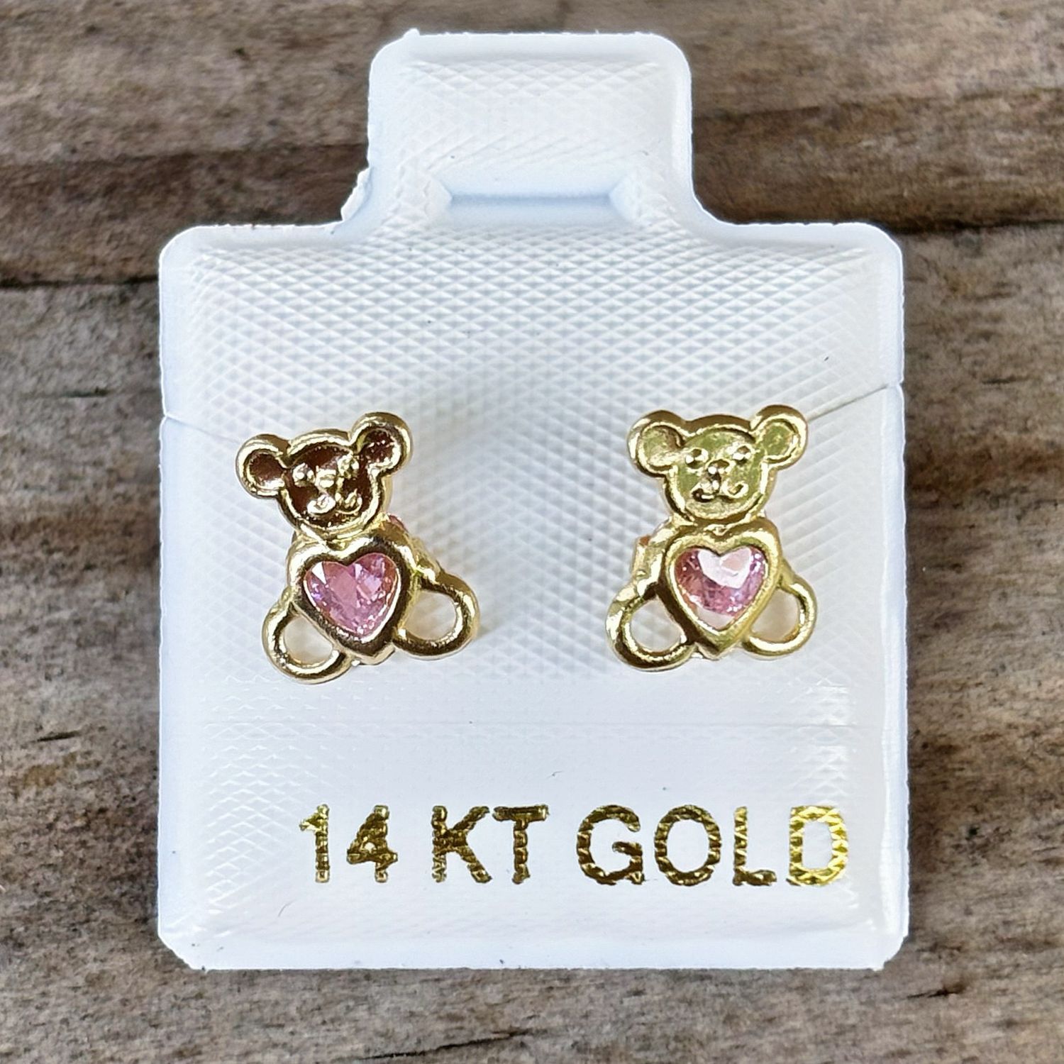 14K Gold Bear Heart CZ Pink Stud Earrings, Ball Clasp