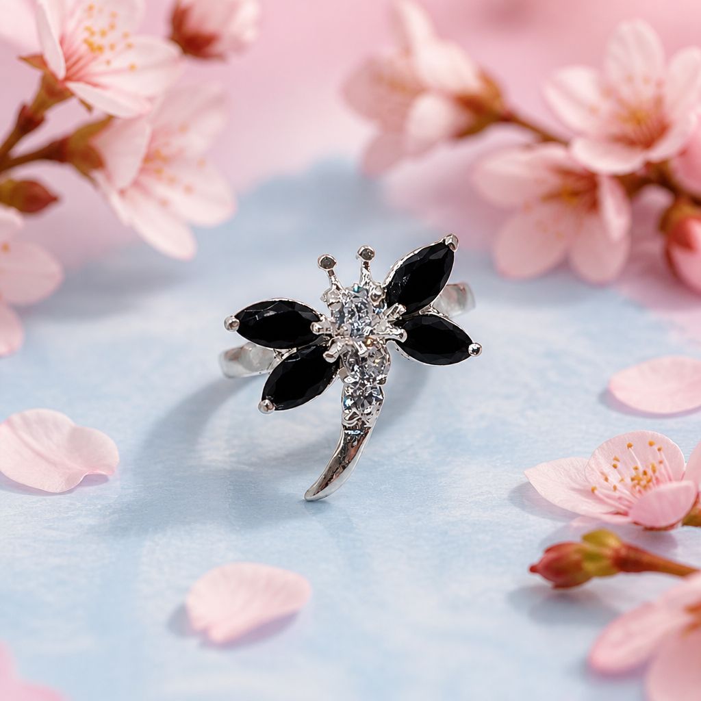 ANILLO LIBELULA CZ NEGRA, VARIAS MEDIDAS, PLATA .925