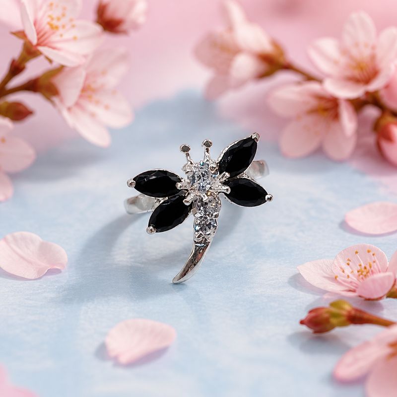 ANILLO LIBELULA CZ NEGRA, VARIAS MEDIDAS, PLATA .925