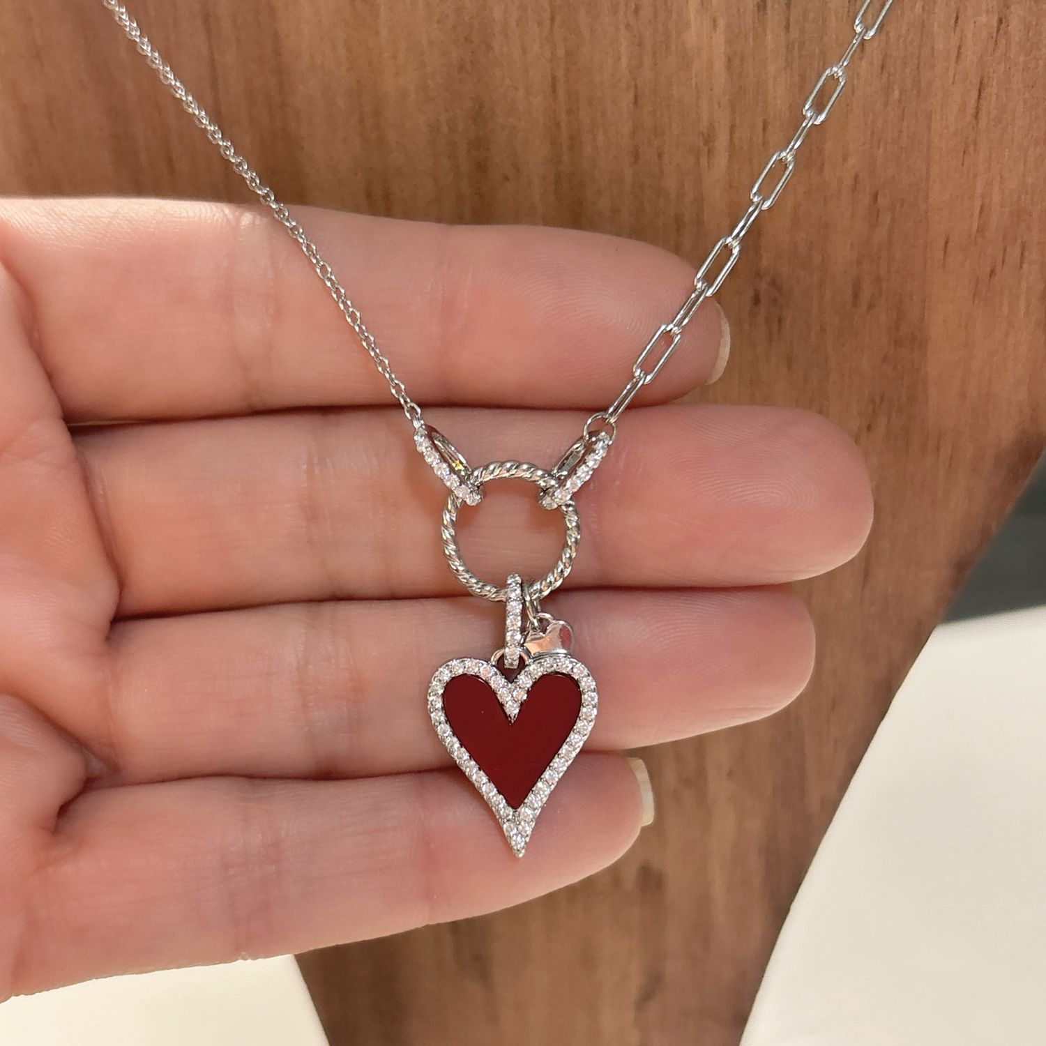 GARGANTILLA 17" AJUSTABLE CORAZON ROJO, PLATA .925