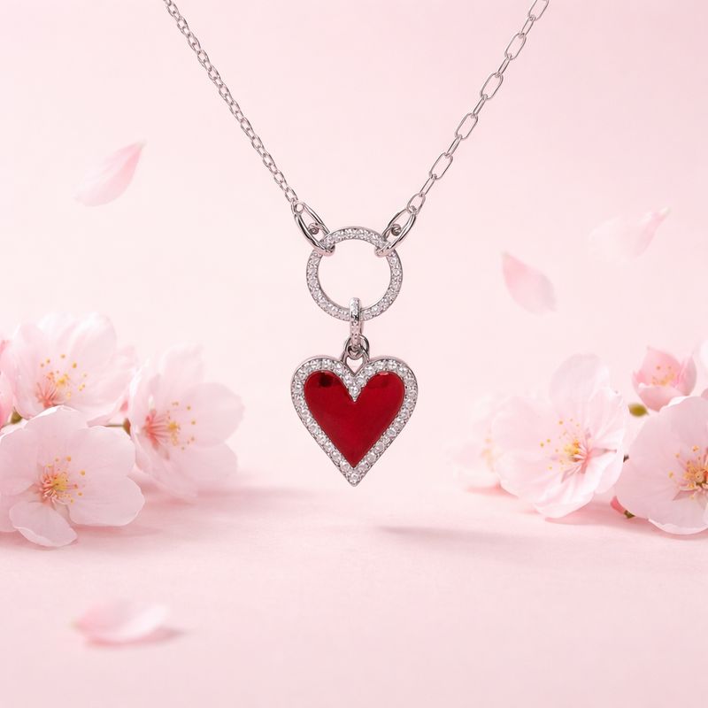 GARGANTILLA 17" AJUSTABLE CORAZON ROJO, PLATA .925