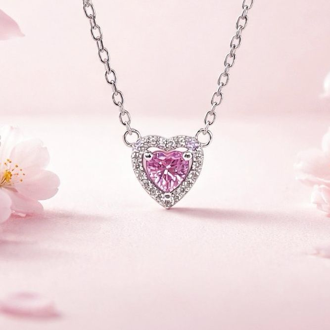 GARGANTILLA 17" CORAZON CZ ROSA, PLATA .925