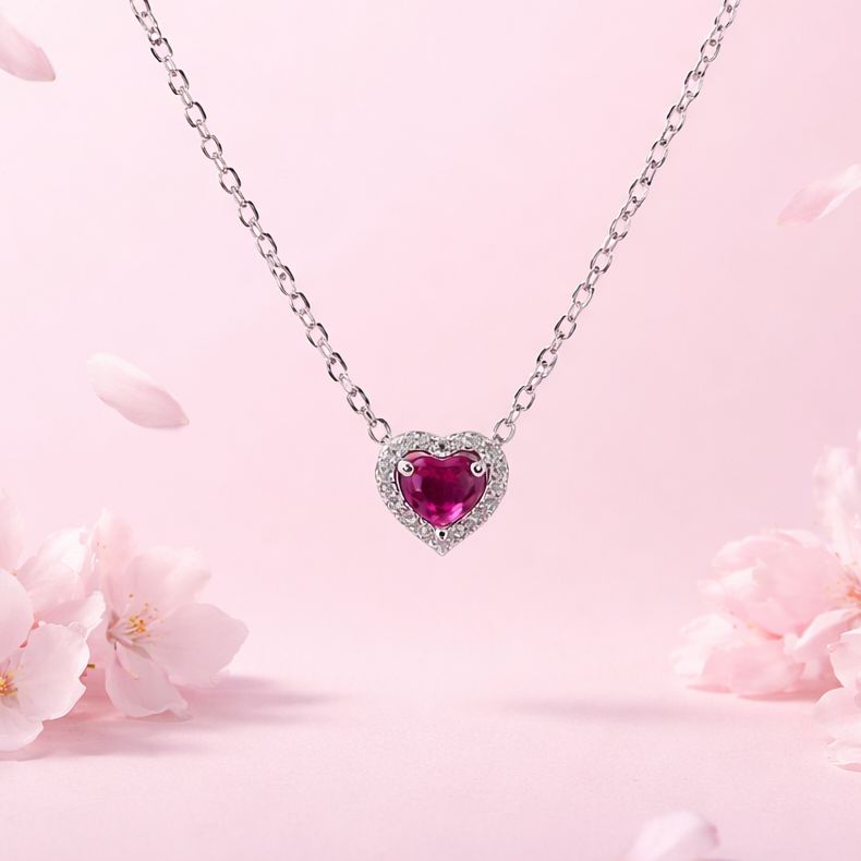 GARGANTILLA 17" CORAZON CZ ROJA, PLATA .925