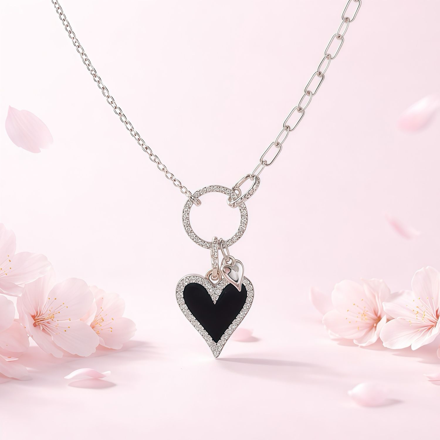 GARGANTILLA 17" AJUSTABLE CORAZON NEGRO, PLATA .925