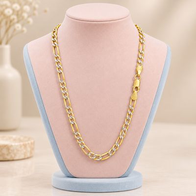 Cadena con chapa oro diamantada Fígaro largo 18", ancho 4mm. en Plata 925 Italiana.