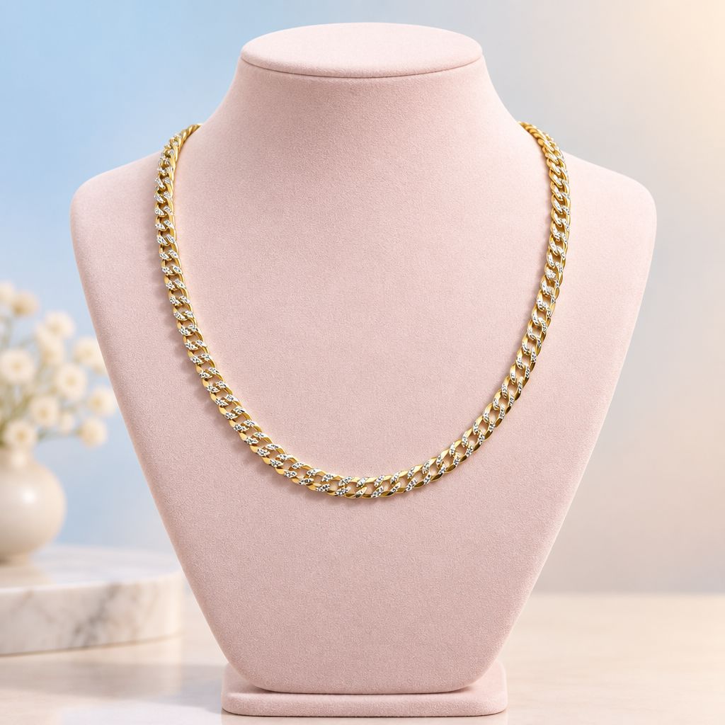 Cadena con chapa oro diamantada cubana largo 18", ancho 4mm. Plata 925 Italiana