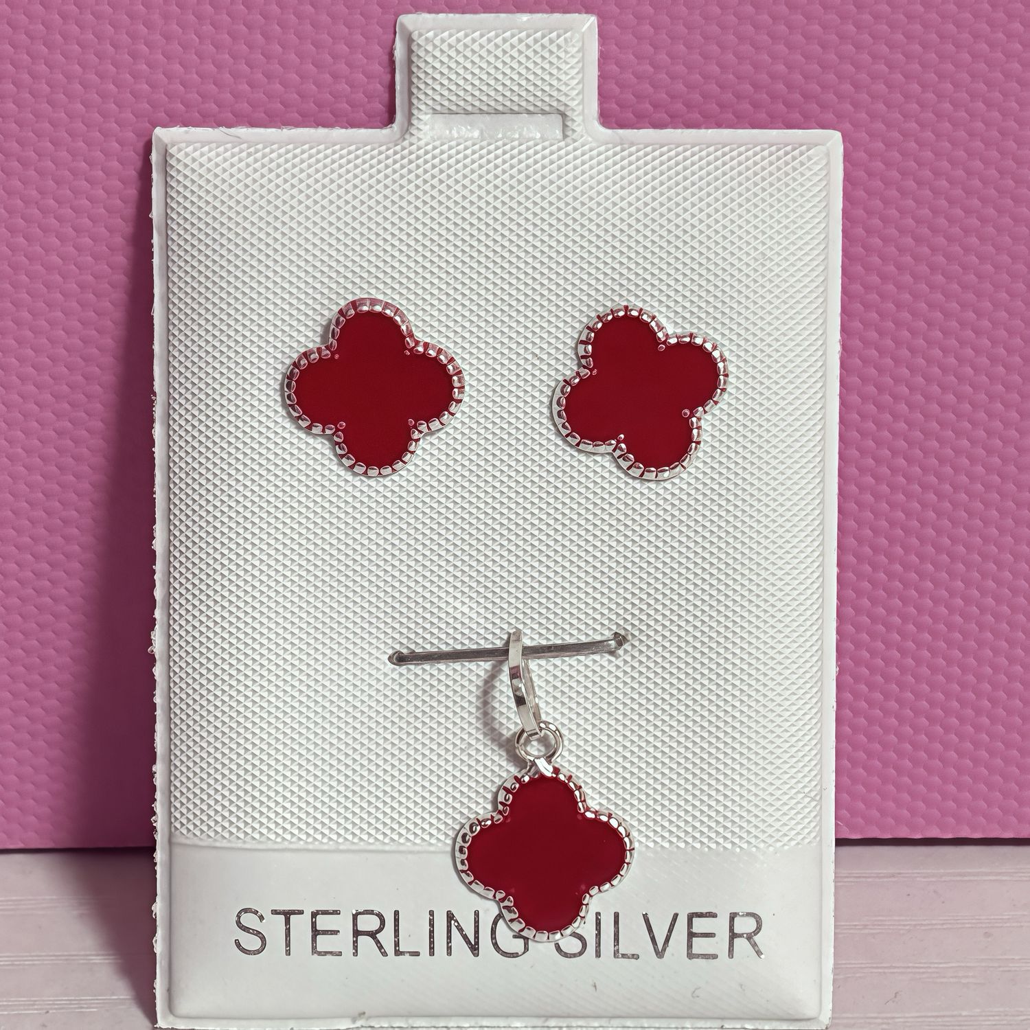Aretes y Dije Trebol mini Rojo esmaltado plata 925 Mexicana