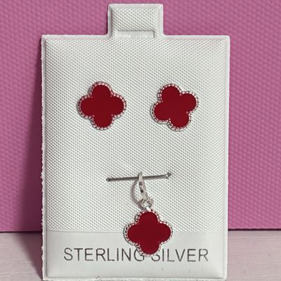 Aretes y Dije Trebol mini Rojo esmaltado plata 925 Mexicana