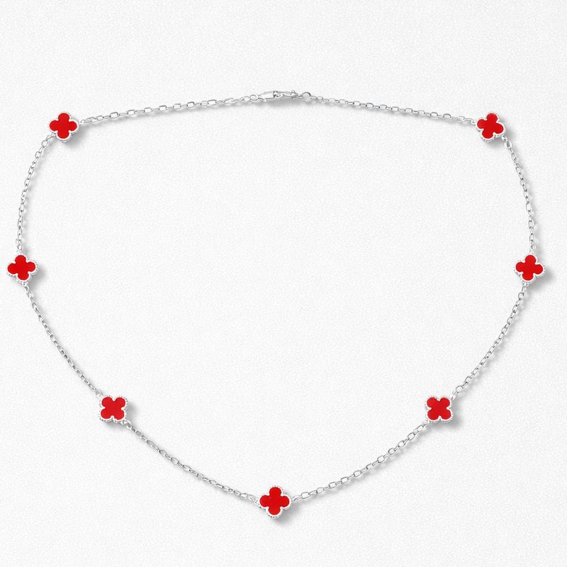 Gargantilla Trebol esmaltado Rojo Van, 18" de largo, Plata 925 Mexicana