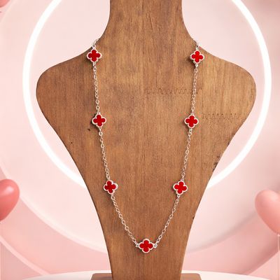 Gargantilla Trebol esmaltado Rojo Van, 18" de largo, Plata 925 Mexicana