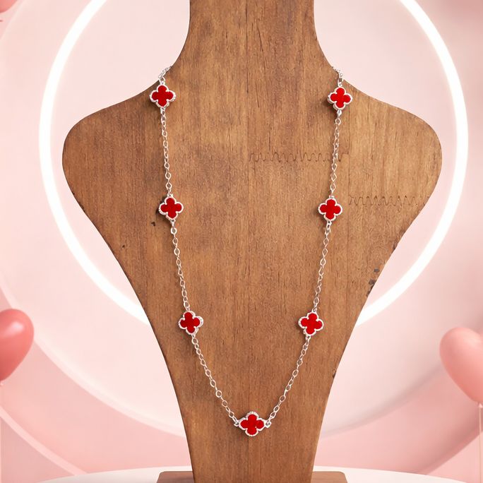Gargantilla Trebol esmaltado Rojo Van, 18" de largo, Plata 925 Mexicana