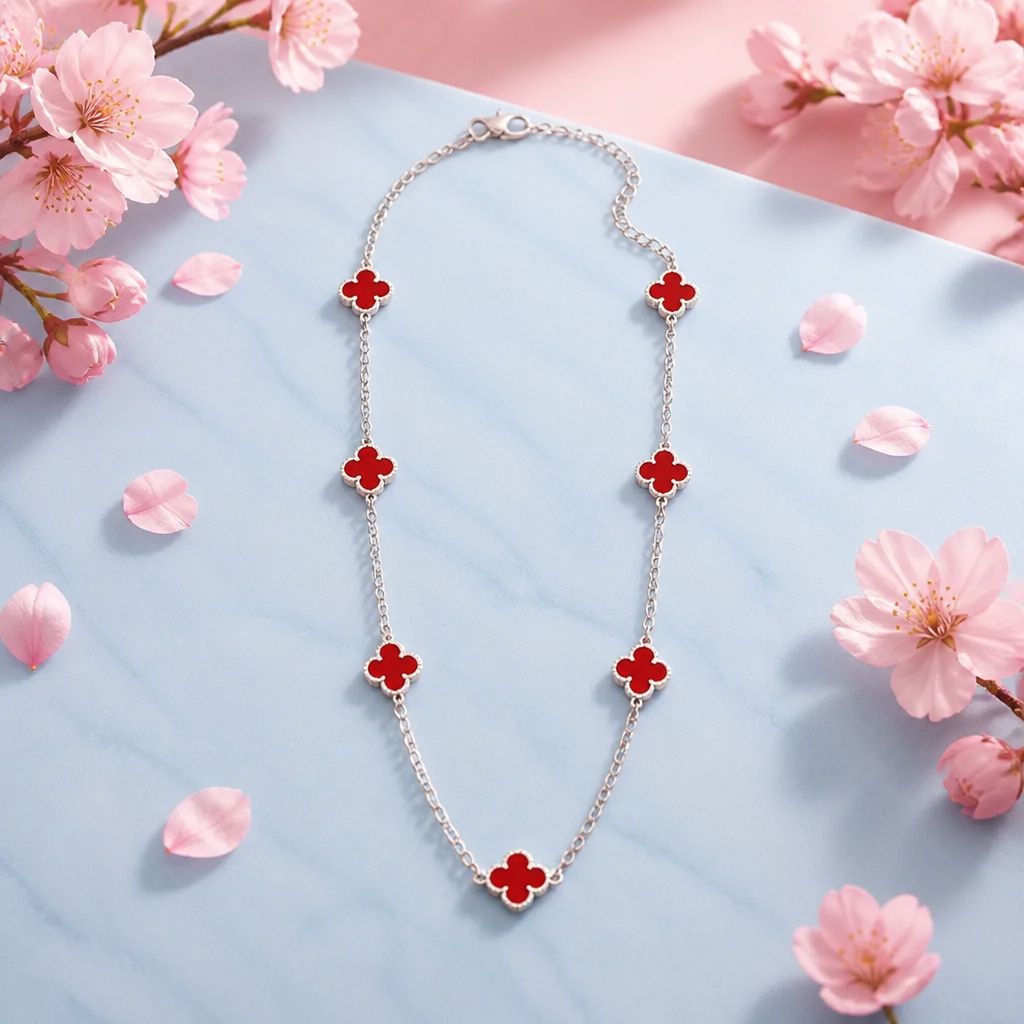 Gargantilla Trebol esmaltado Rojo Van, 18" de largo, Plata 925 Mexicana