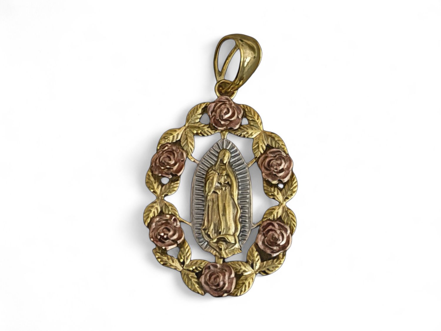 Dije Virgen de Guadalupe con Chapa de 3 colores en Plata 925 Italiana, mide 3.5cm, ideal para cadenas de 5mm o menos