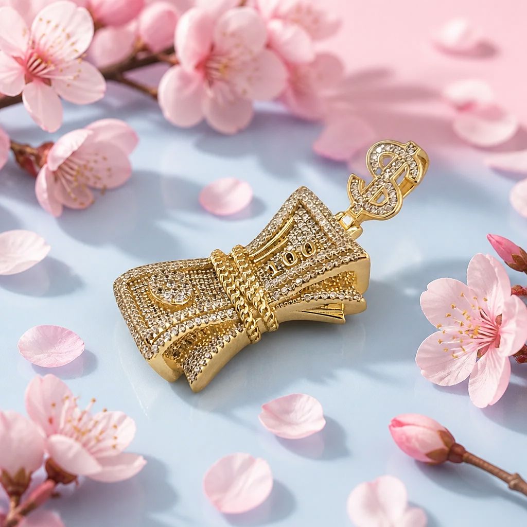 100 Dollars Micropavé Pendant with Italian 925 Silver and Gold Plating, Measures 5 cm, Ideal for Chains of 5mm or Less