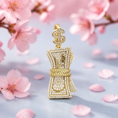 100 Dollars Micropavé Pendant with Italian 925 Silver and Gold Plating, Measures 5 cm, Ideal for Chains of 5mm or Less