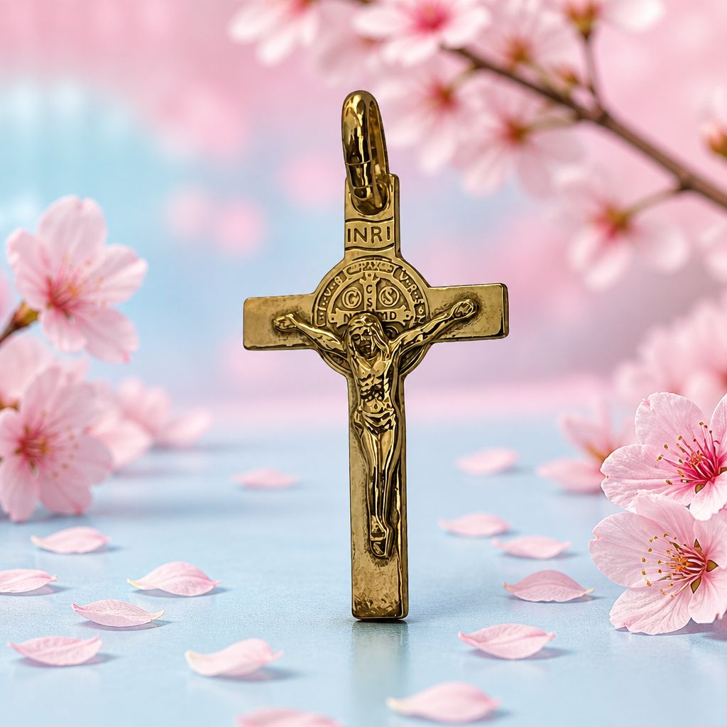 Dije Cruz san Benito con chapa en Oro en Plata 925 Italiana, Mide 4cm, Ideal para cadenas 5mm o menos