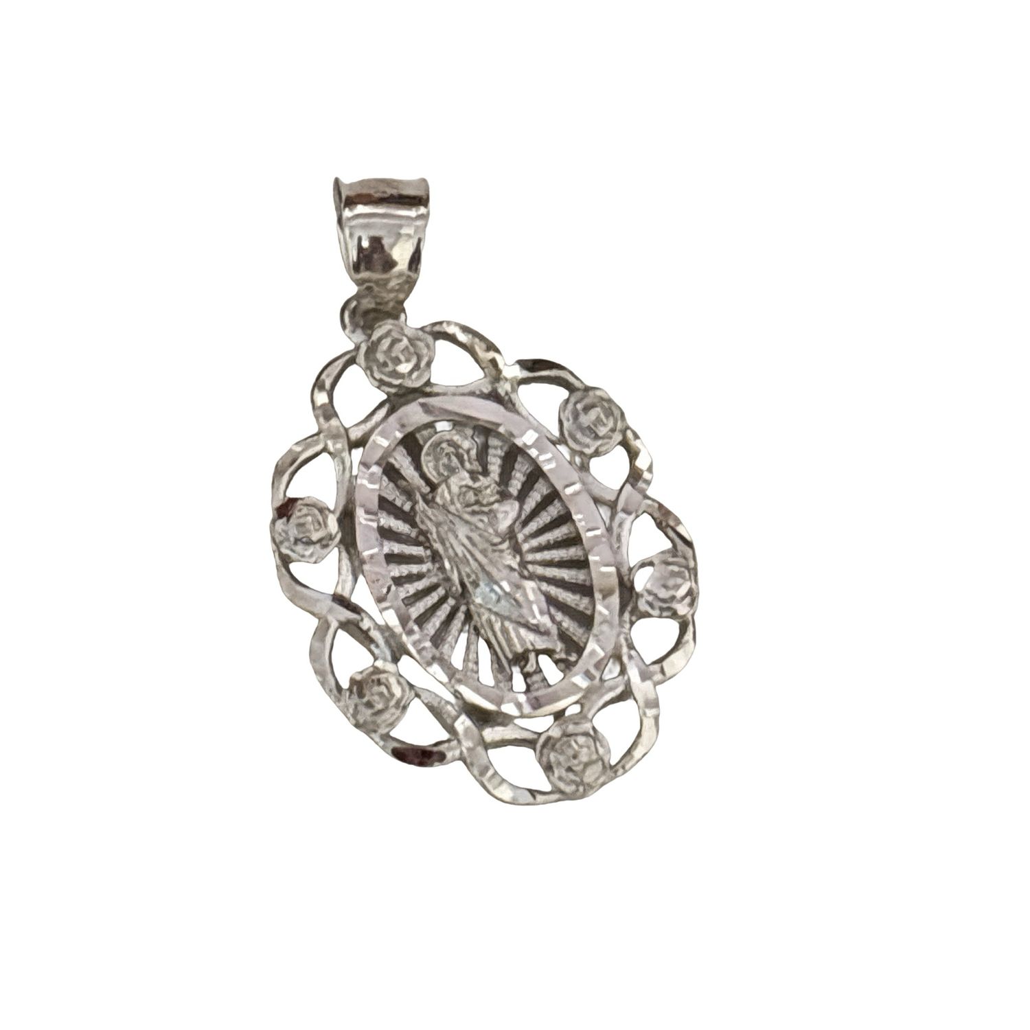 Medal Pendant Virgin of Guadalupe with Rose Design, Italian 925 Silver, Measures 3.5cm ideal for chains 4 mm or less in width.