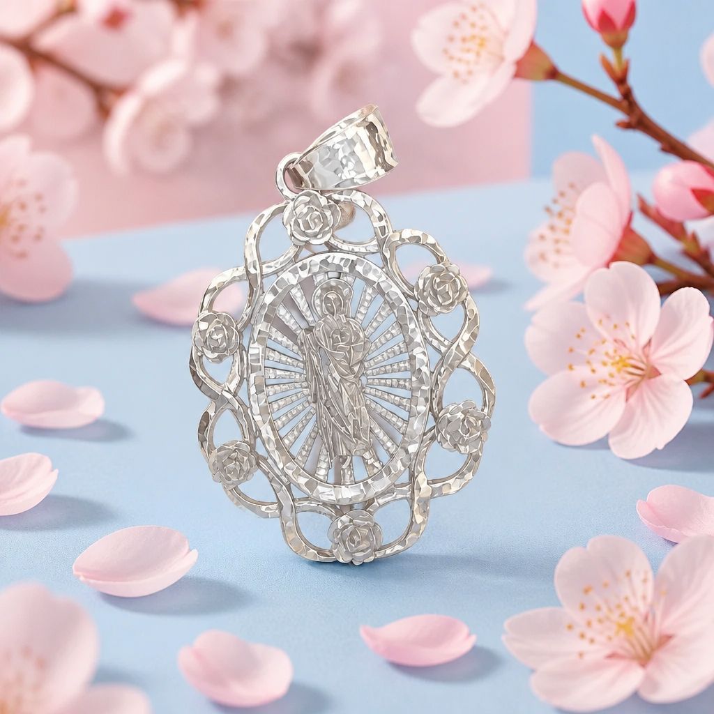 Medal Pendant Virgin of Guadalupe with Rose Design, Italian 925 Silver, Measures 3.5cm ideal for chains 4 mm or less in width.