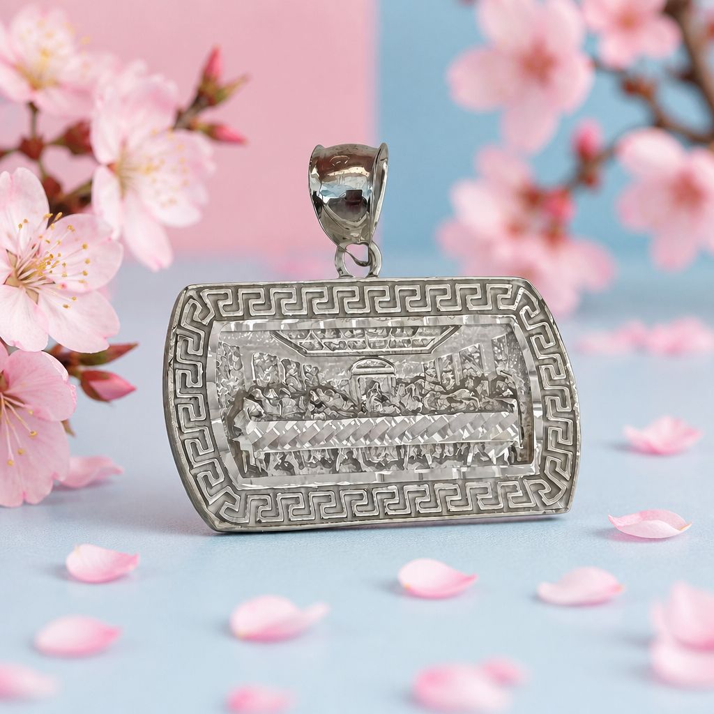 Pendant Last Supper with Mexica patterns in 925 silver, measures 3 cm, ideal for chains of 4 mm or less