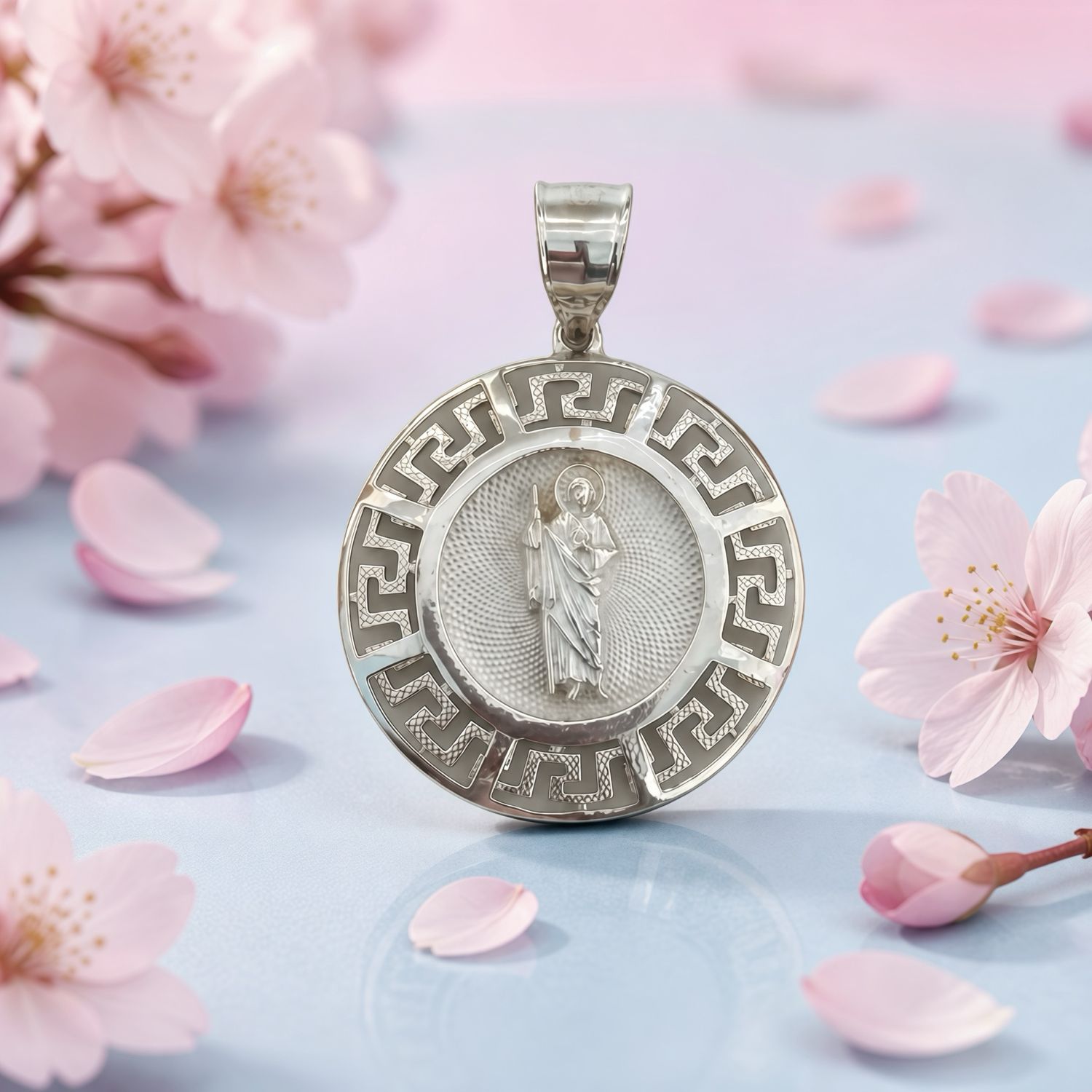 Saint Jude Pendant with Greek Pattern Design in 925b Silver MXi, measures 3cm, ideal for chains 5mm or less.