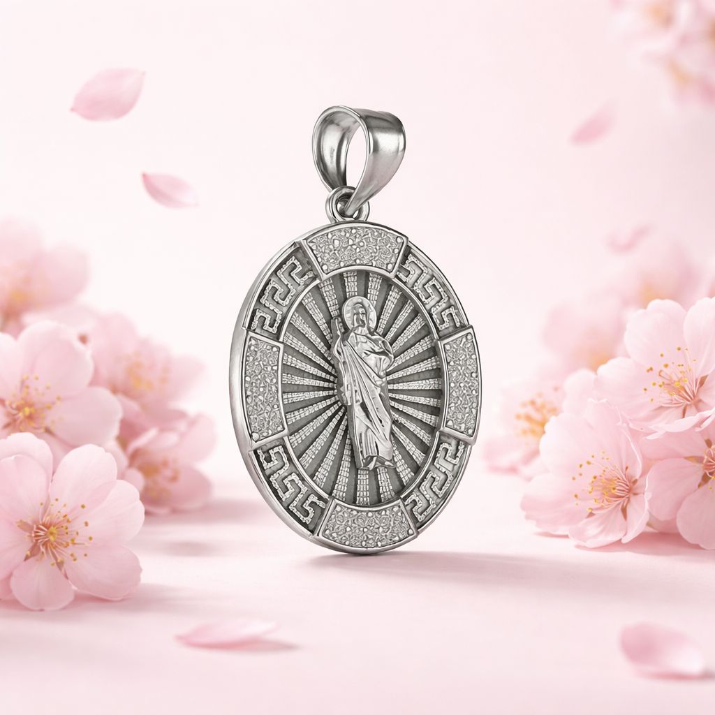 Oval St. Jude Pendant with Mini Zirconias, Greek Design Mexican 925 Silver, measures 3cm ideal for chains 4mm or less in width.