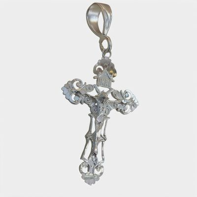 Filigree Cross Pendant with Christ, Mexican Silver, Measures 7 cm, ideal for chains from 10 mm to 6 mm wide.