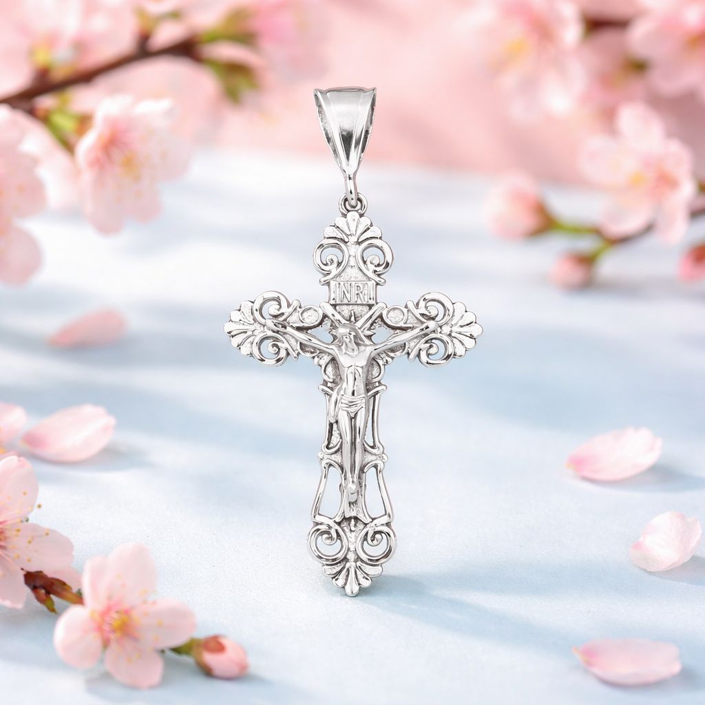 Filigree Cross Pendant with Christ, Mexican Silver, Measures 7 cm, ideal for chains from 10 mm to 6 mm wide.