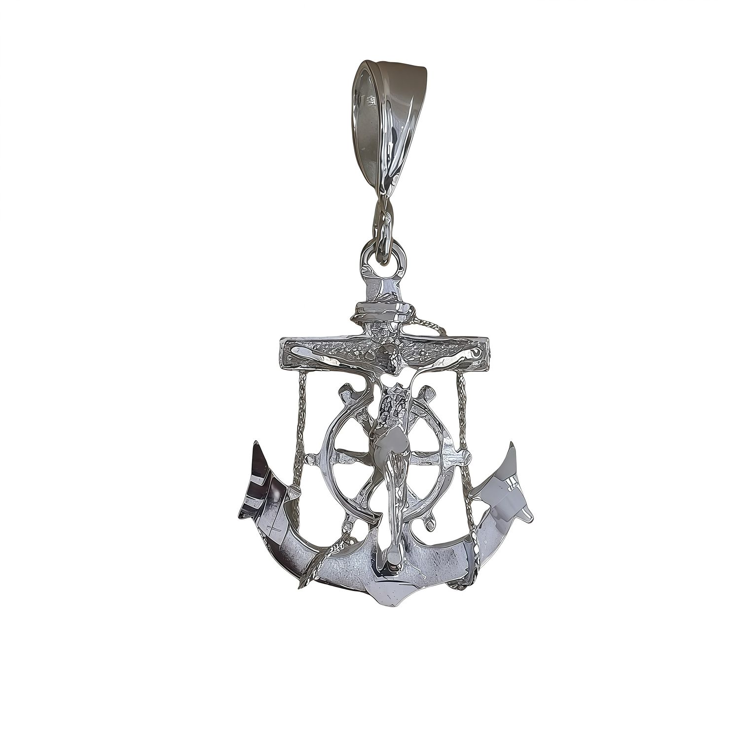 Anchor Pendant with Christ in Mexican 925 Silver, measures 5cm, ideal for chains 10 mm or less in width.