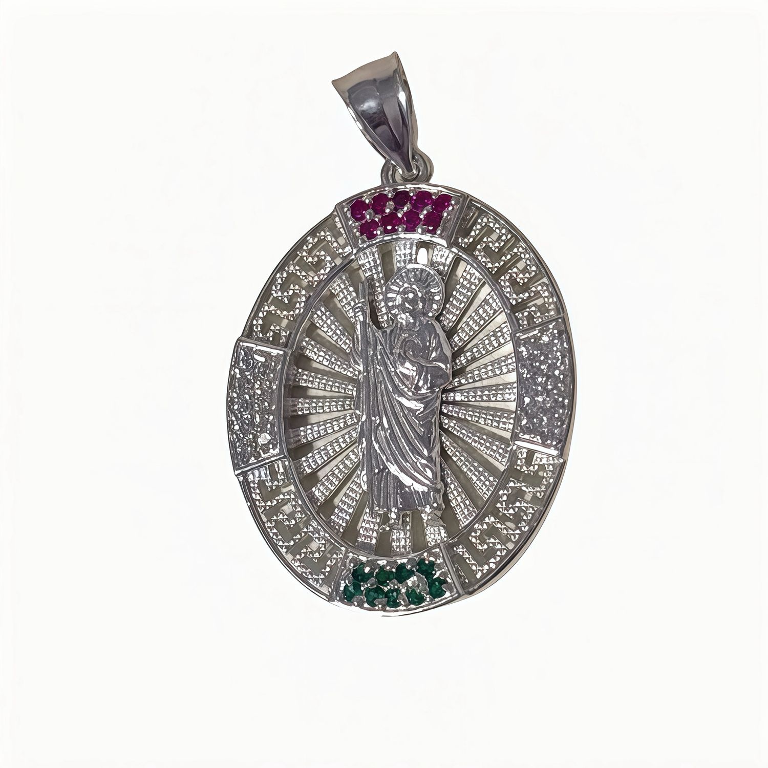 Oval St. Jude Pendant with Mini Zirconias, Greek Design Mexican 925 Silver, measures 3cm ideal for chains 4mm or less in width.