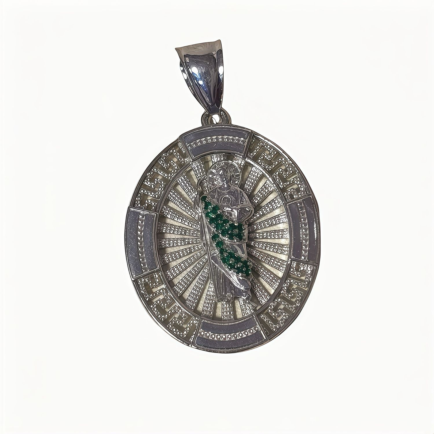 Oval St. Jude Pendant with Mini Zirconias, Greek Design Mexican 925 Silver, measures 3cm ideal for chains 4mm or less in width.