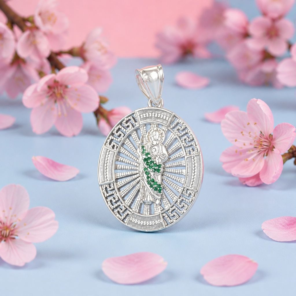 Oval St. Jude Pendant with Mini Zirconias, Greek Design Mexican 925 Silver, measures 3cm ideal for chains 4mm or less in width.