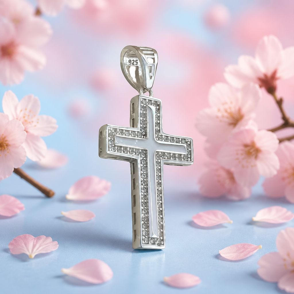 Pendant Cross with Mini Zirconias in Italian 925 Silver, measures 5cm, ideal for chains 8 mm or less in width.