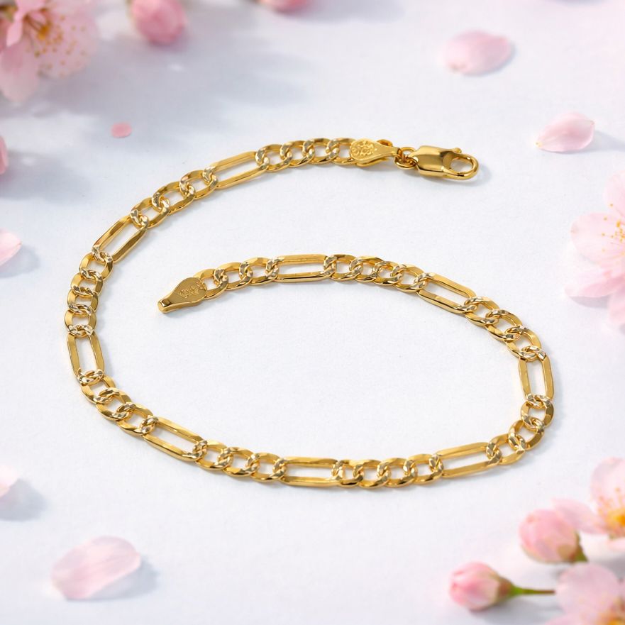 Figaro Bracelet 8" Long 7mm Wide with Gold Plating on Italian 925 Silver