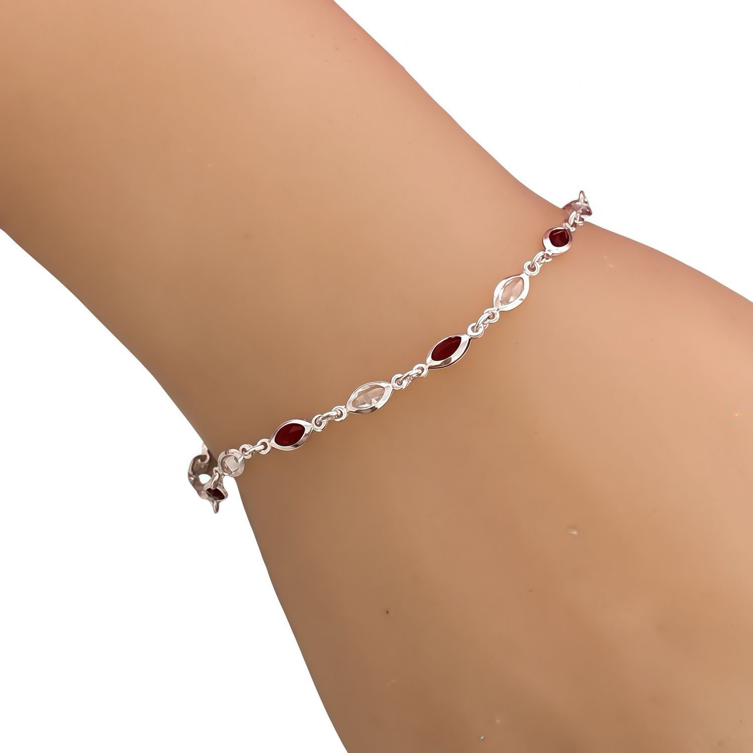 Red &amp; White Crystal Bracelet, 7.5" long in 925 Silver