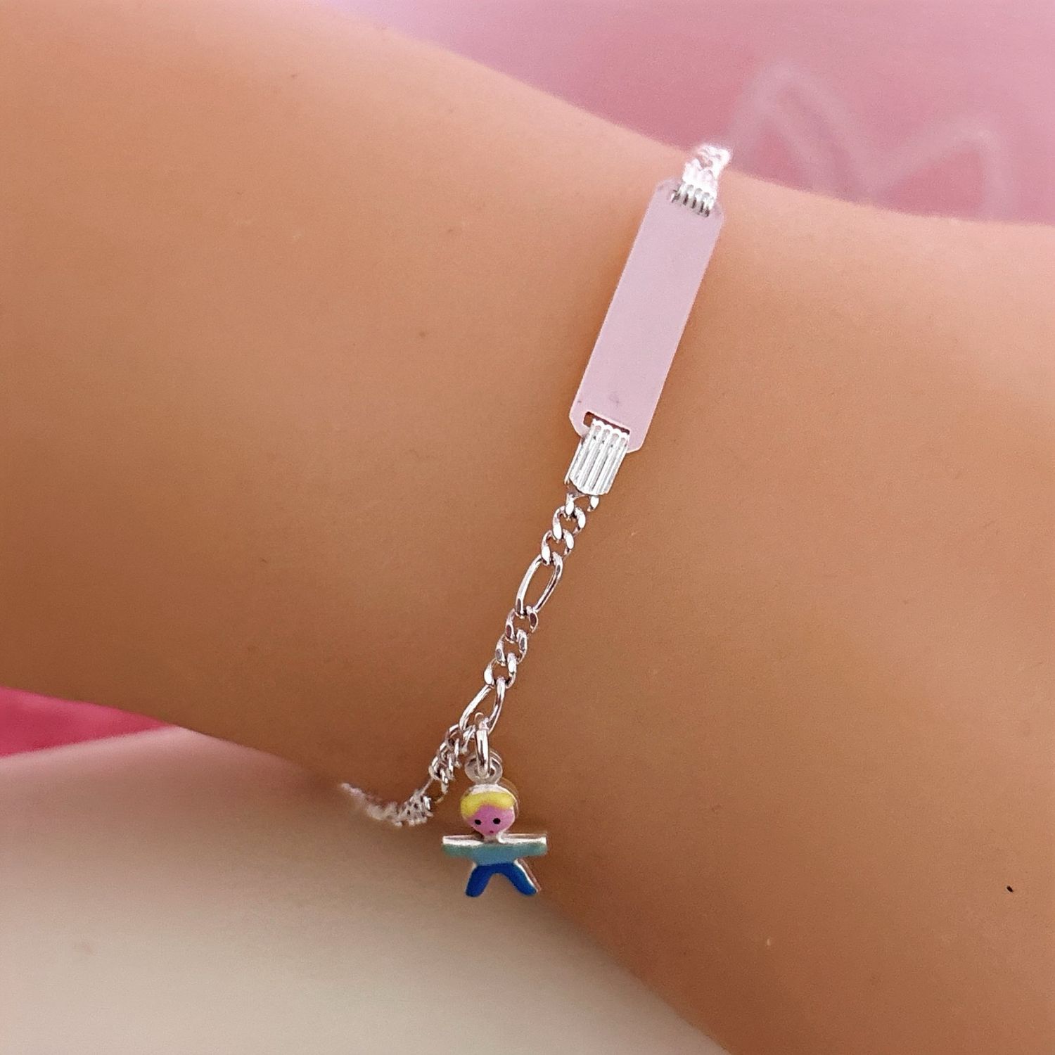 Figaro Bracelet with Plate and Boy Charm measures 6" in length, Italian Silver.