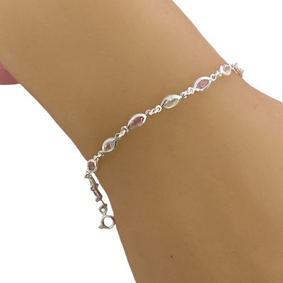 Red &amp; White Crystal Bracelet, 7.5" long in 925 Silver