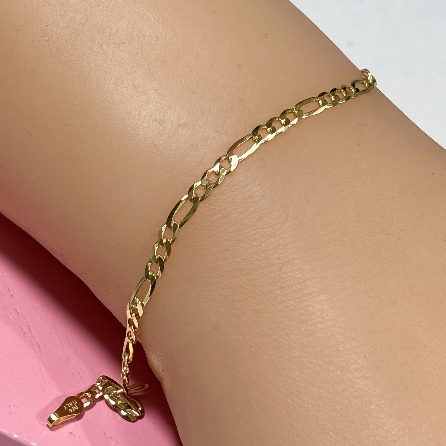 Figaro Bracelet Measures 7" Long 4mm Wide, Gold-Plated Italian 925 Silver