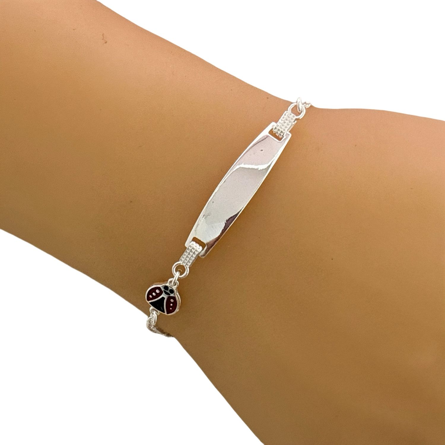 Figaro Bracelet with Plate and Ladybug, 6" Long in Italian 925 Silver