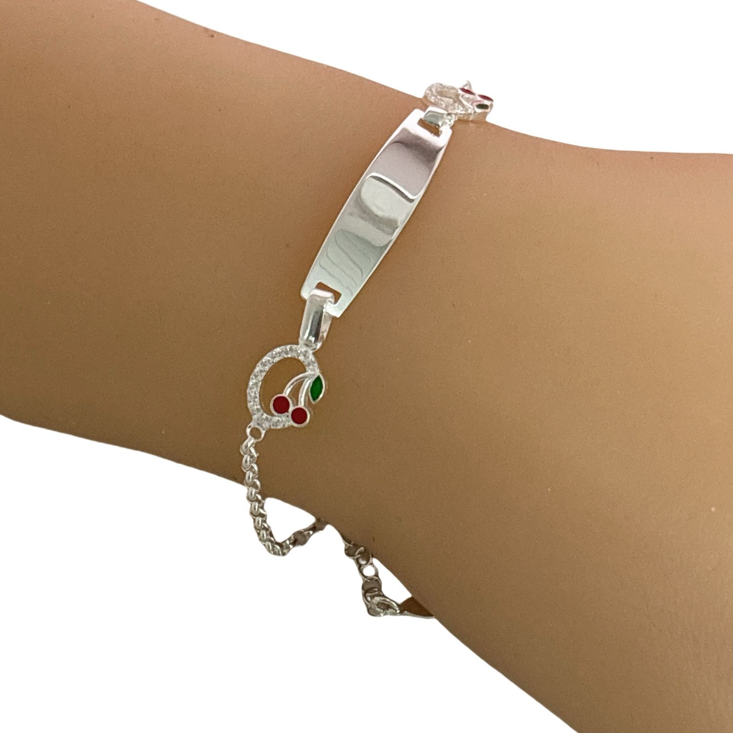 Figaro Bracelet with Plate and Ladybug, 6" Long in Italian 925 Silver