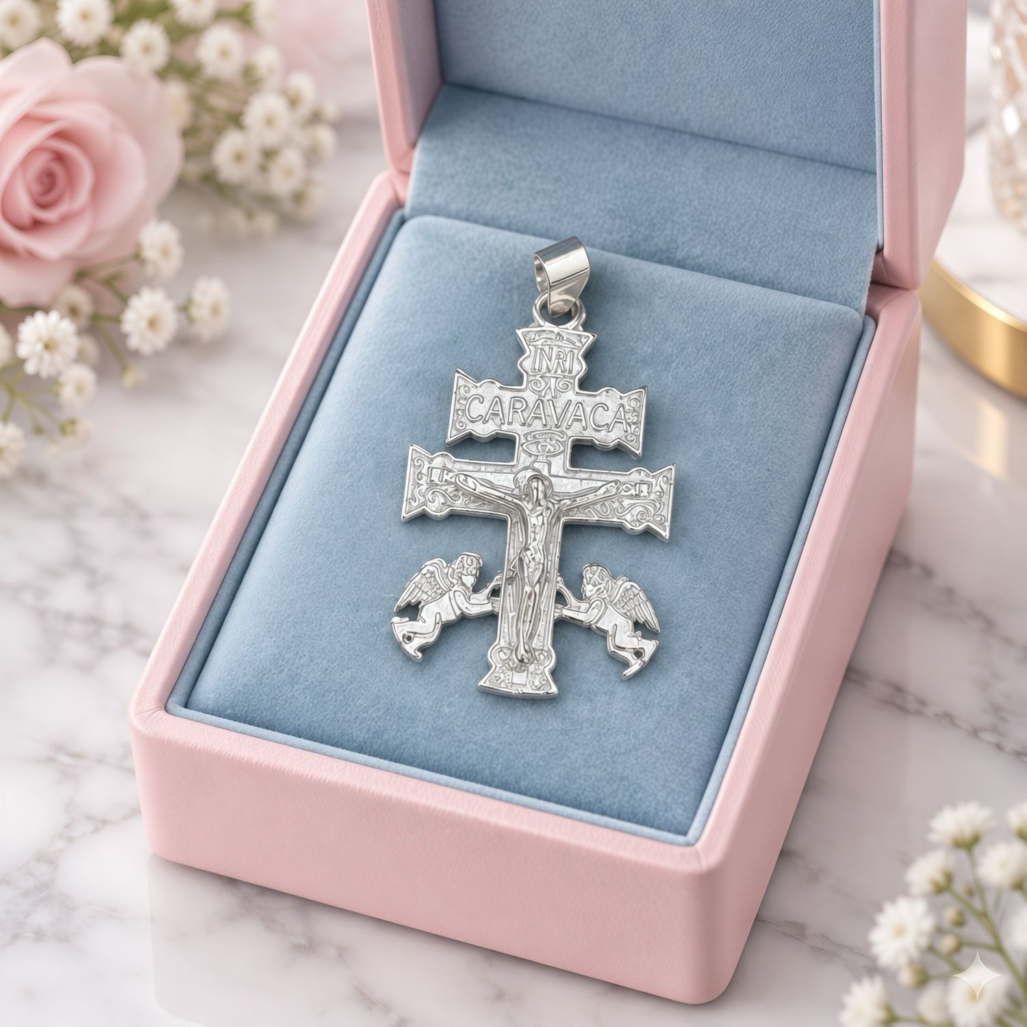 Die Cruz de Caravaca, Diamond-cut measures 4cm, ideal for chains of 8mm or less, in Mexican 925 Silver.
