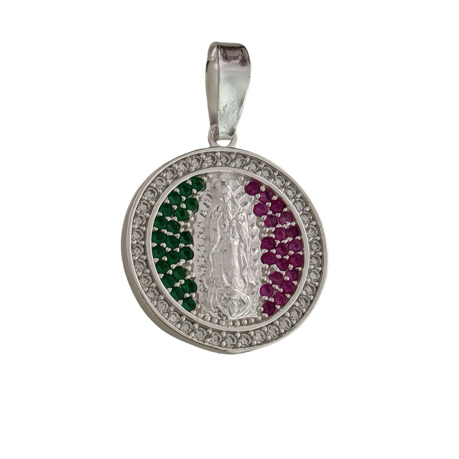 Diamond-Cut Medal Pendant with Tricolor Zirconias Virgin of Guadalupe in Mexican 925 Silver, Measures 2cm Ideal for Chains of 5mm or Less