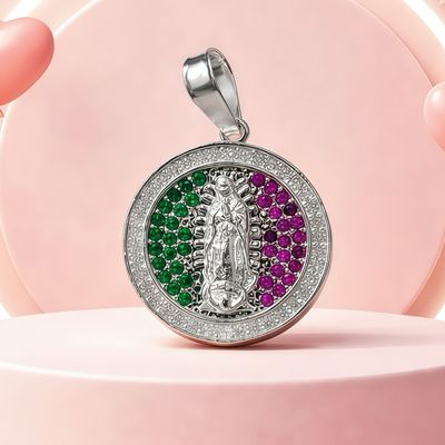 Diamond-Cut Medal Pendant with Tricolor Zirconias Virgin of Guadalupe in Mexican 925 Silver, Measures 2cm Ideal for Chains of 5mm or Less