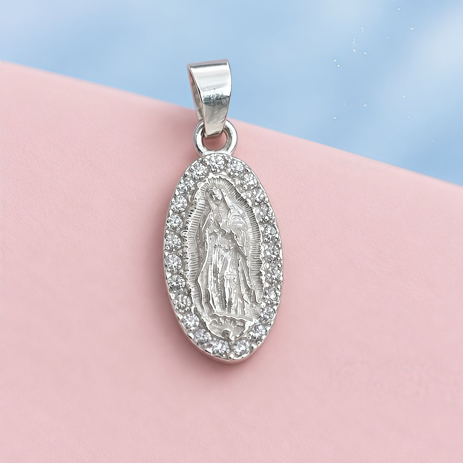 Diamond-Cut Medal Pendant with Tricolor Zirconias Virgin of Guadalupe in Mexican 925 Silver, Measures 2cm Ideal for Chains of 5mm or Less