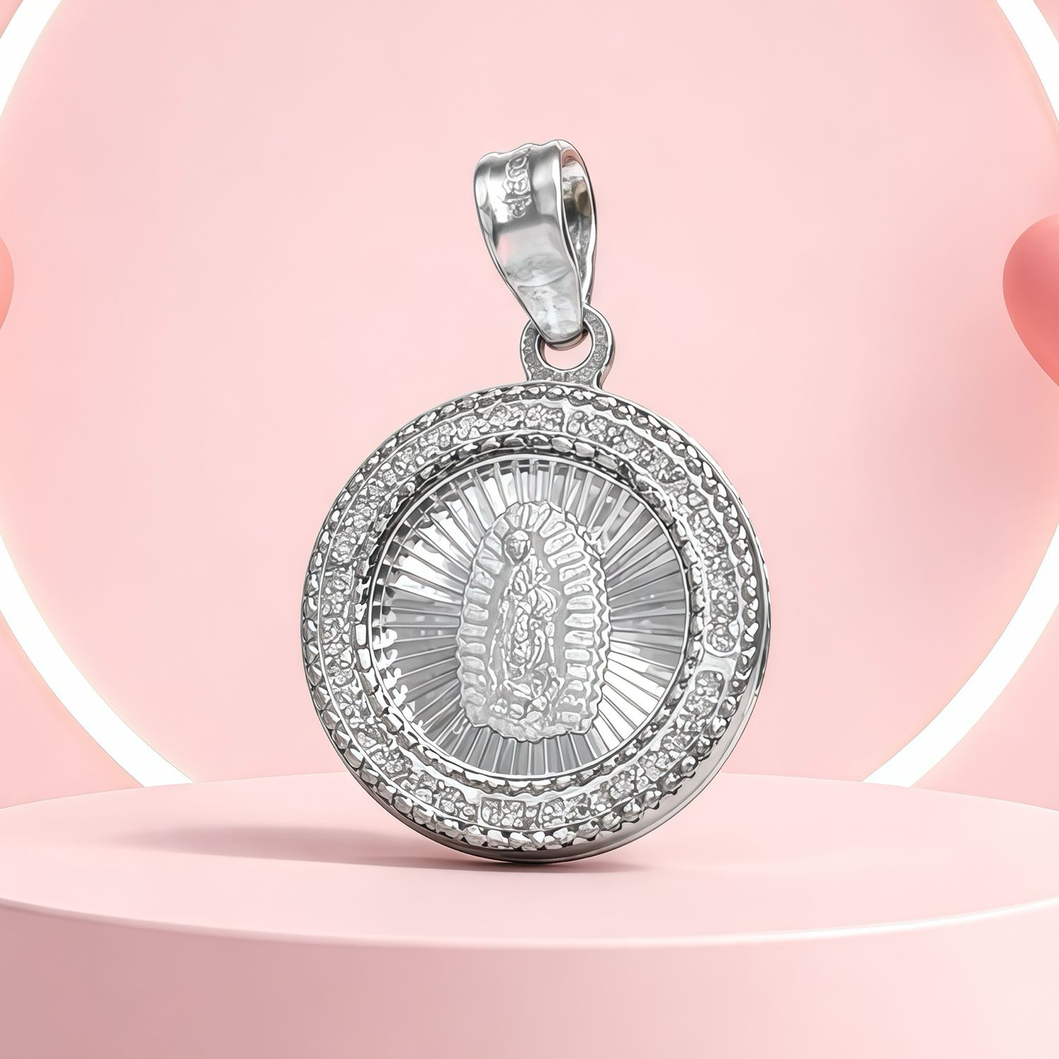 Pendant Medal Virgin of Guadalupe Diamond-Cut with Zirconias in Mexican 925 Silver, measures 2 cm ideal for chains of 4mm or less.