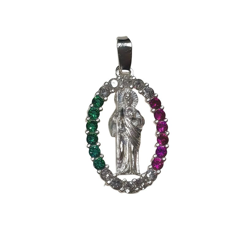 Saint Jude Pendant with Green Zirconias, 3cm, in Mexican 925 Silver, ideal for chains of 3 mm or less