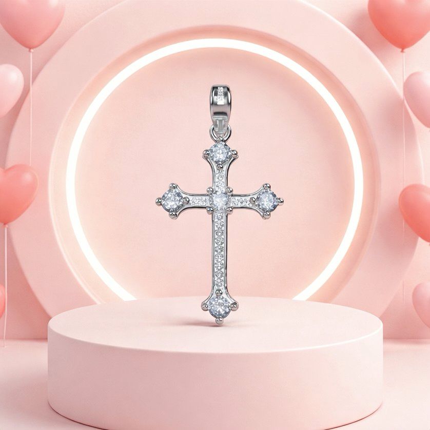 Cross Pendant with Zirconias measures 3.5cm, in Italian 925 Silver, ideal for chains measuring 3mm or less