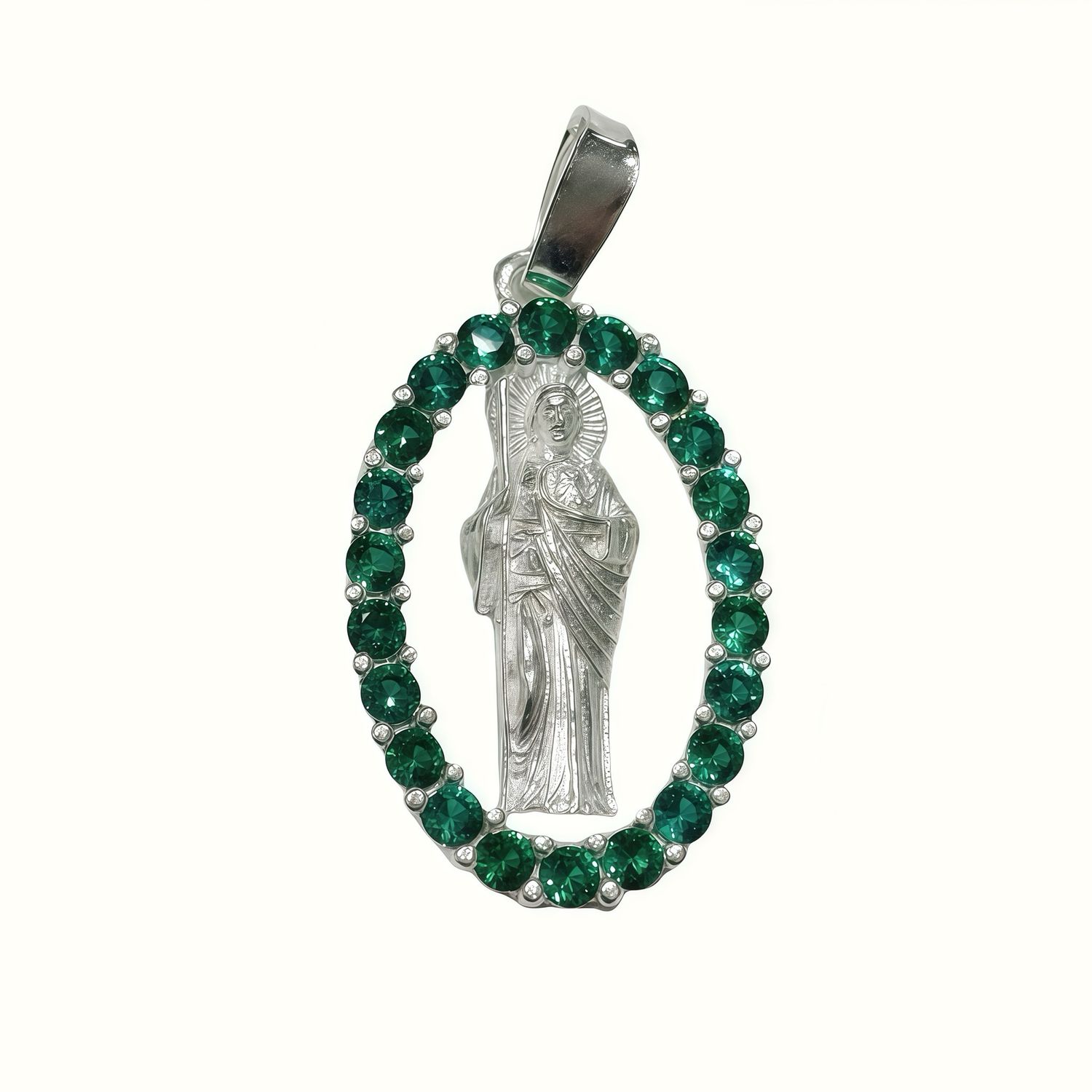 Saint Jude Pendant with Green Zirconias, 3cm, in Mexican 925 Silver, ideal for chains of 3 mm or less