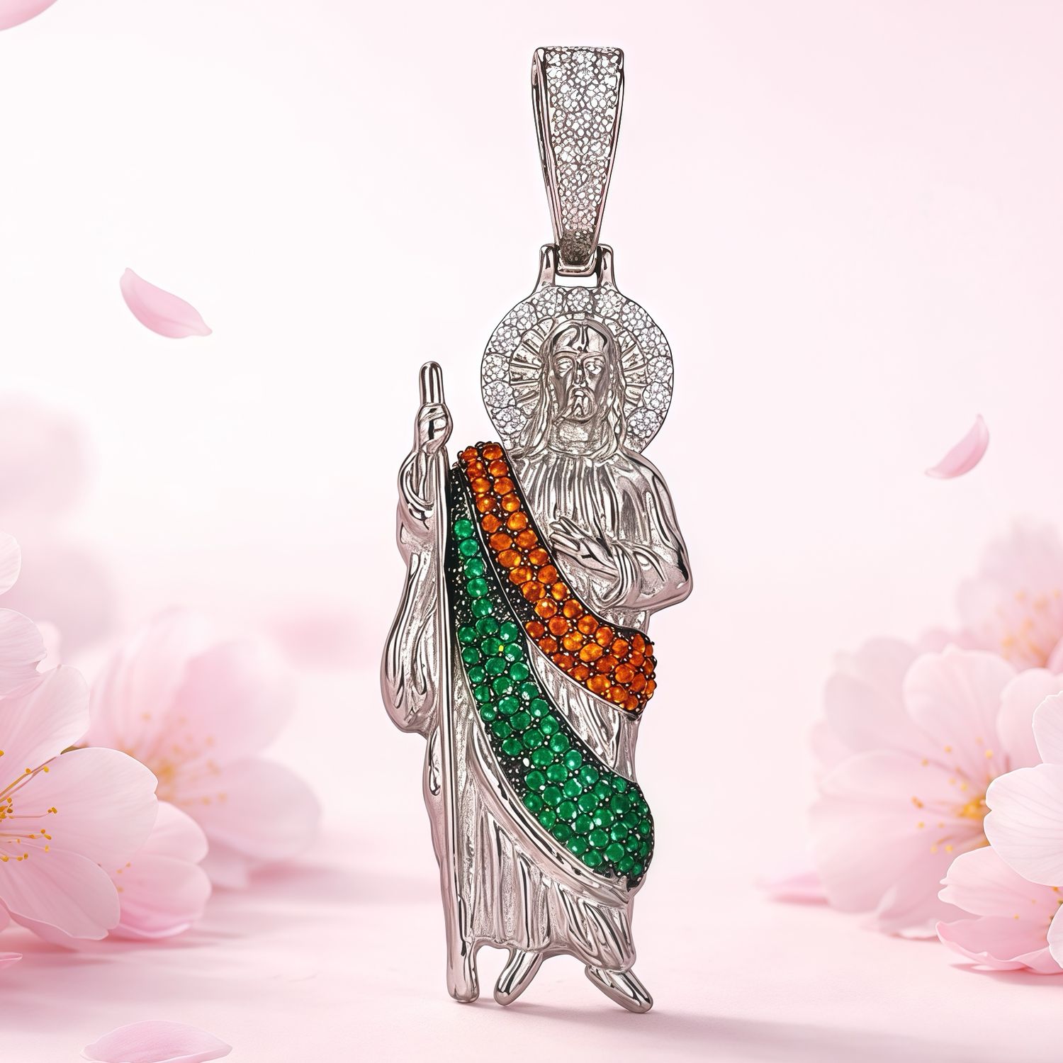 Saint Jude Pendant with Green Zirconias, 3cm, in Mexican 925 Silver, ideal for chains of 3 mm or less